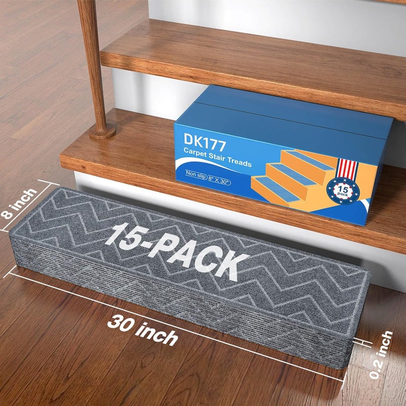 DK177 Stair Treads for Wooden Steps, 15 Pack 8"x30" Non-Slip Indoor Carpet Stair Treads with Reusable Polyester TPE Backing for Kids Elders and Pets (Dark Gray, 15PCS) - Image 2